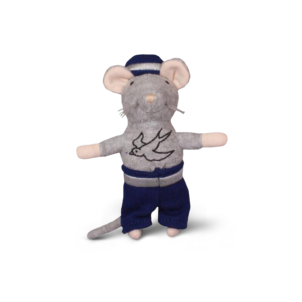 Stuffed toy mouse in a gray sweater with a bird design and blue pants on a white background