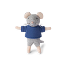 Toy mouse wearing a blue sweater and gray pants on a white background