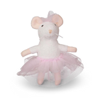 Plush toy mouse in a ballet outfit with a pink tutu on a white background