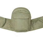 Green waist bag with multiple pockets on a white background