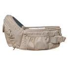 Beige waist bag with multiple pockets on a white background
