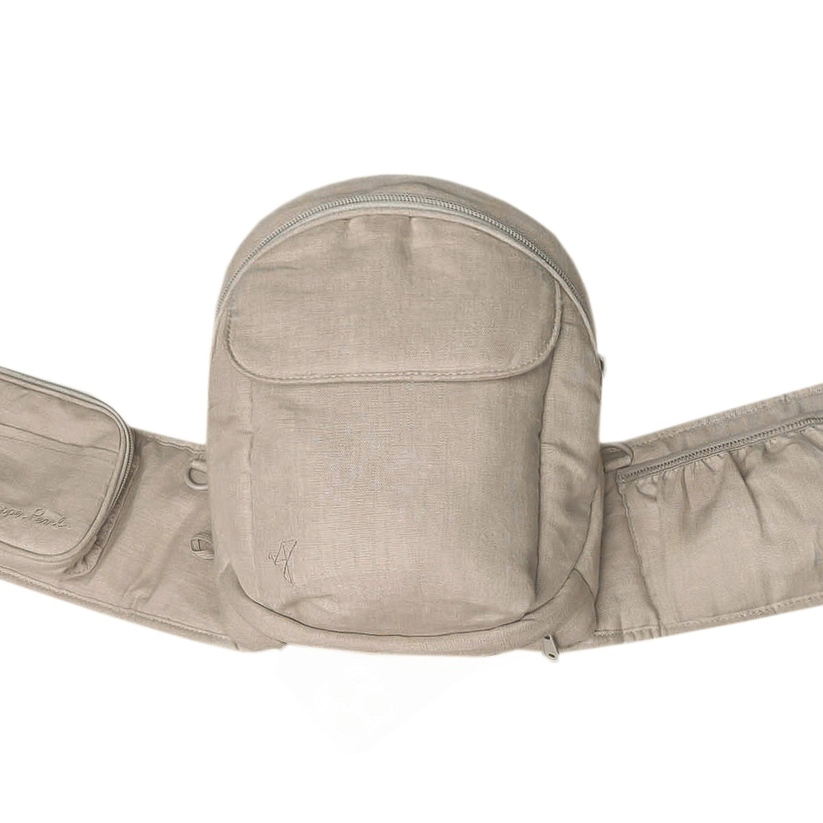 Beige baby carrier with a strap on a white background