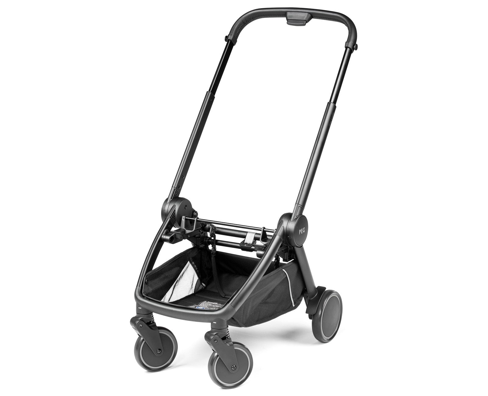 A dark gray baby stroller pushchair frame with a storage basket and four wheels, shown from a three-quarters angle on a white background.