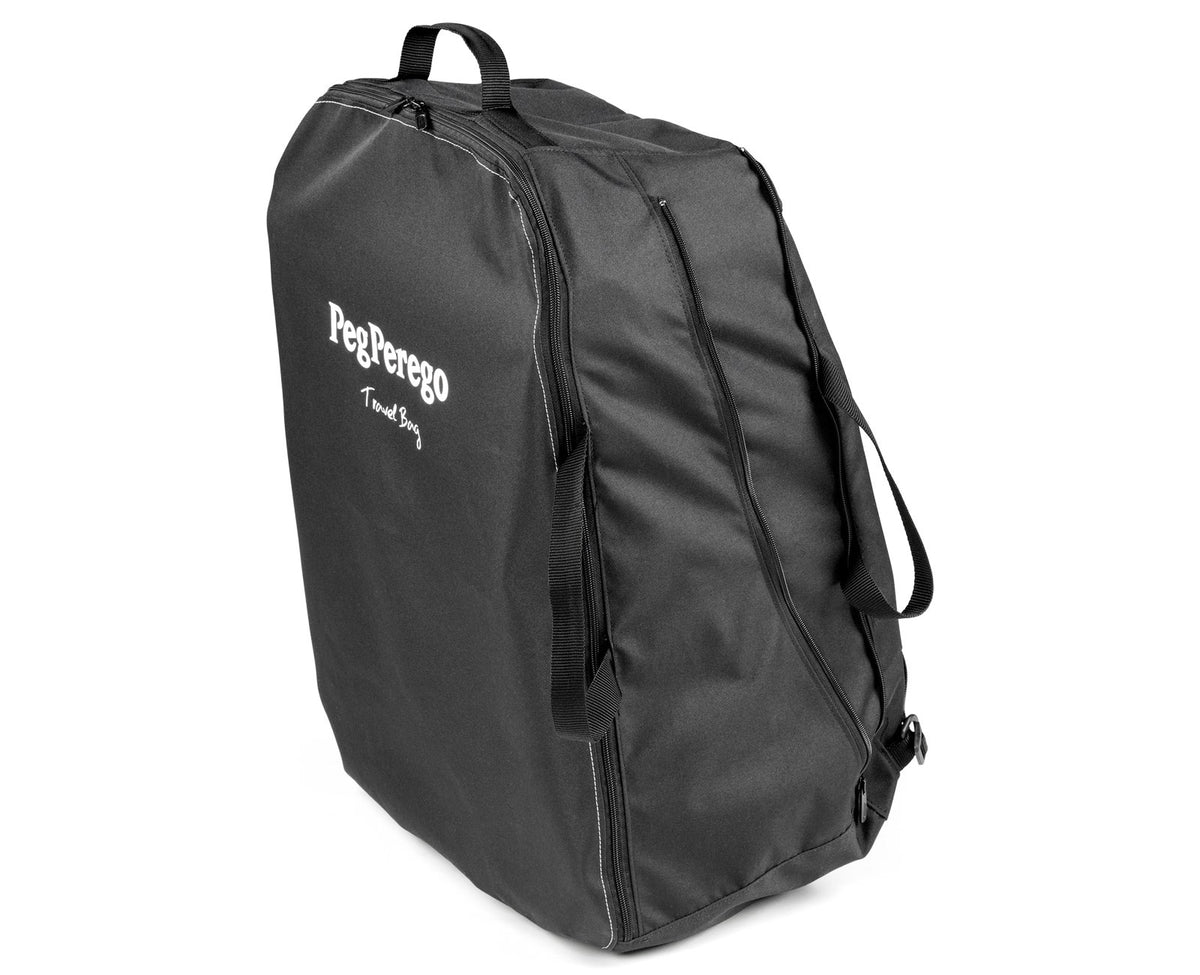 Black travel bag with 'Peg Perego' logo on a white background