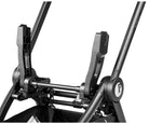 Close-up of a black metal frame with a brand logo on a white background