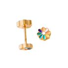 A pair of gold stud earrings, one showing the flat back and the other displaying a colorful flower face with gold-tone petals and enamel centers in purple, blue, green, orange, yellow, and white, set against a plain white background.