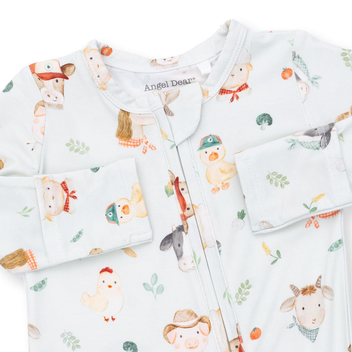 Baby outfit with farm animal pattern and 'Angel Dear' branding