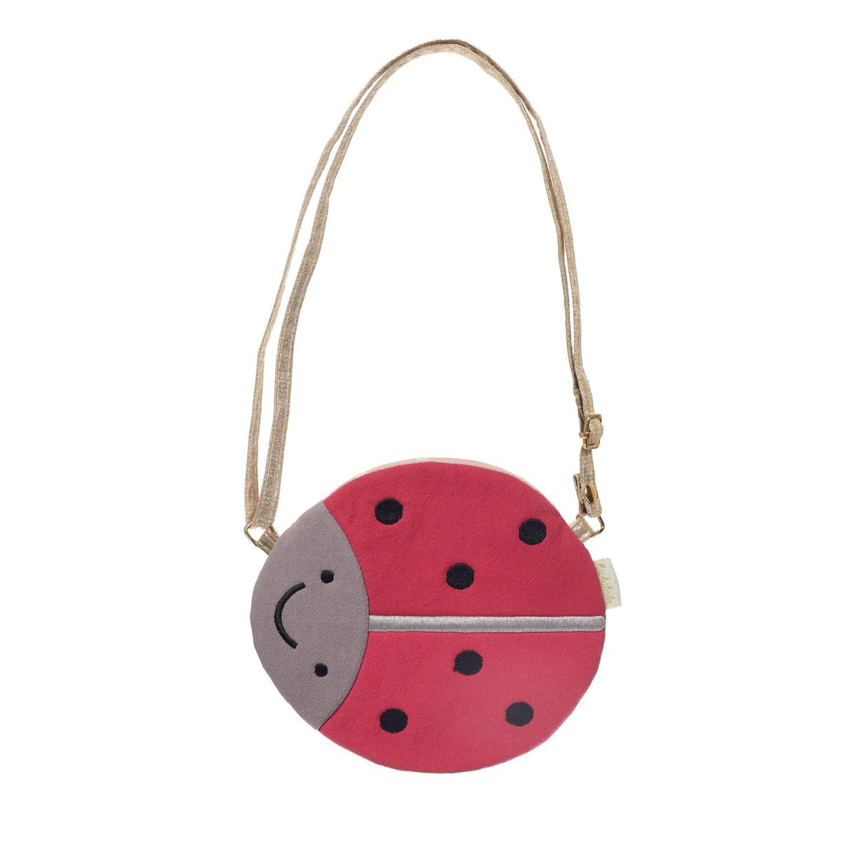 A small ladybug-shaped shoulder bag with a pink and gray body, black polka dots, and a natural jute strap, shown on a plain white background.
