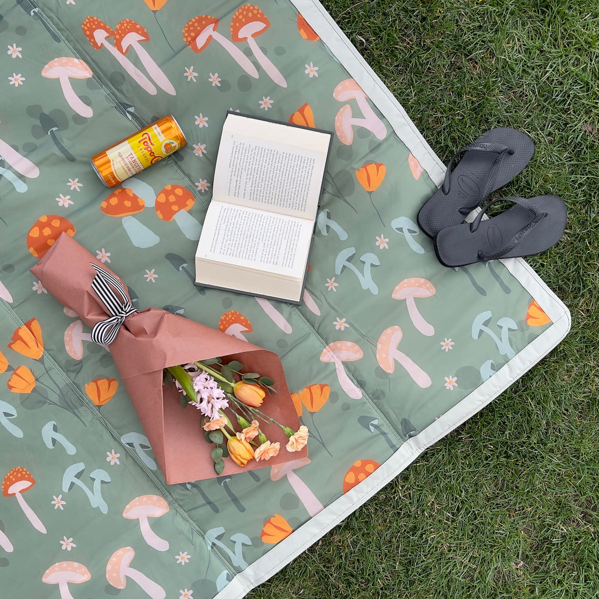 Picnic setup with a mushroom-patterned blanket, book, flowers, and sandals on grass.