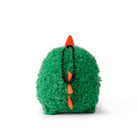 Green plush toy with orange accents on a white background