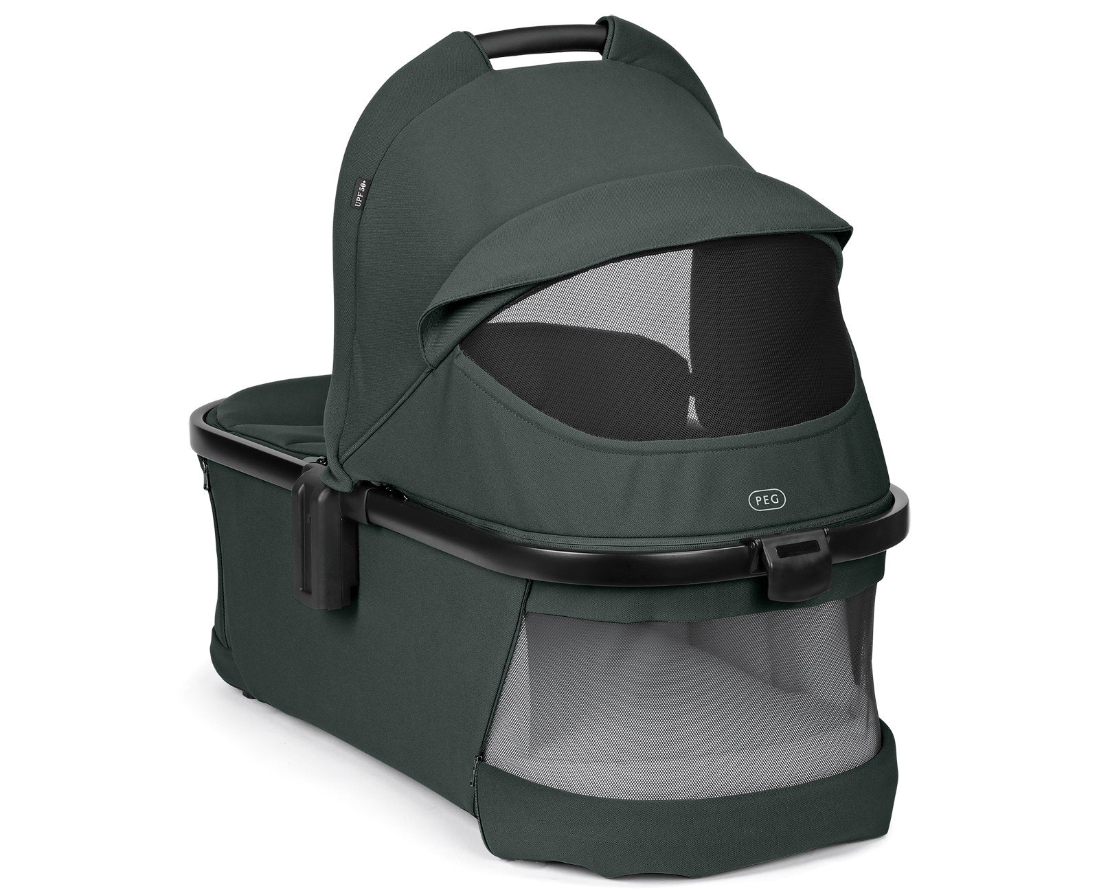 Green baby bassinet with clear window on a white background