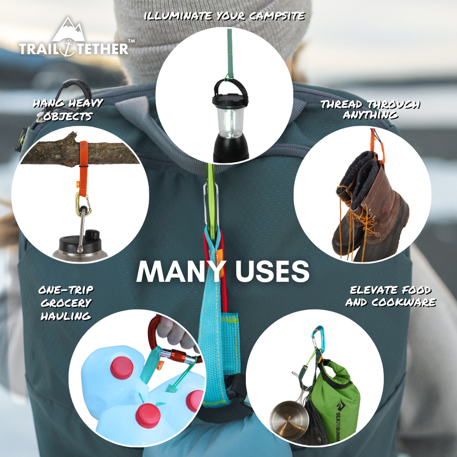 Product advertisement for Trail Tether with various uses shown on a gray background.