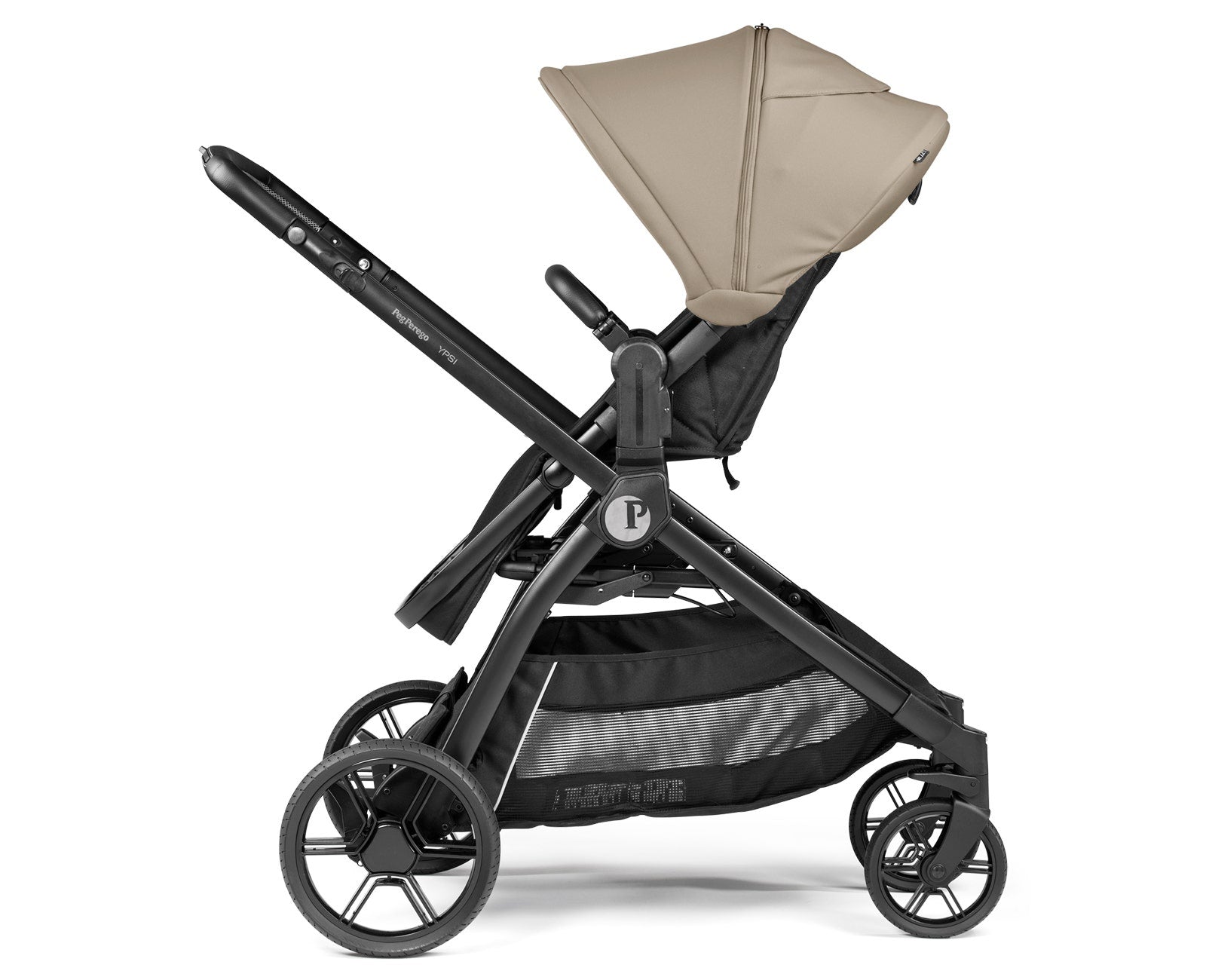 Black and beige stroller on a white background