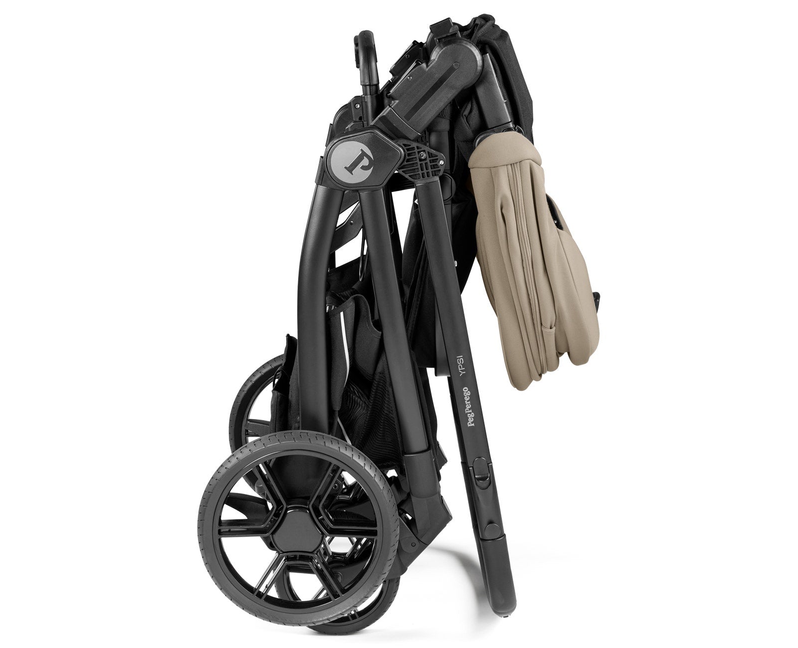 Foldable stroller with beige accents on a white background