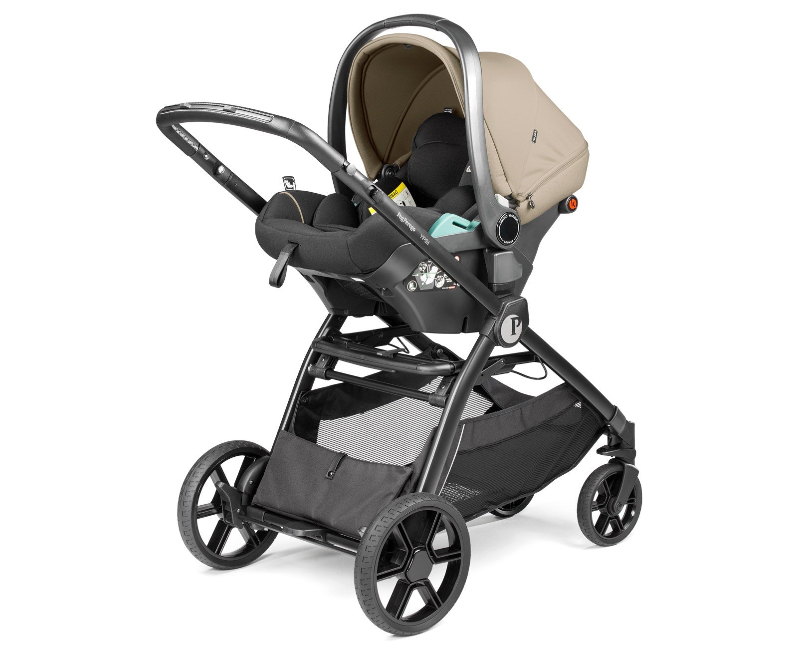 Black stroller with beige canopy on a white background