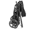 Folded black stroller on a white background