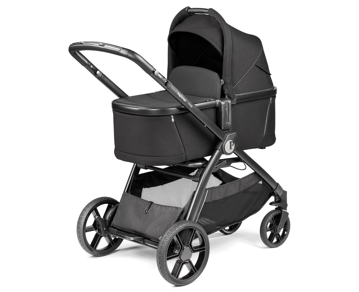 Black stroller with canopy on a white background
