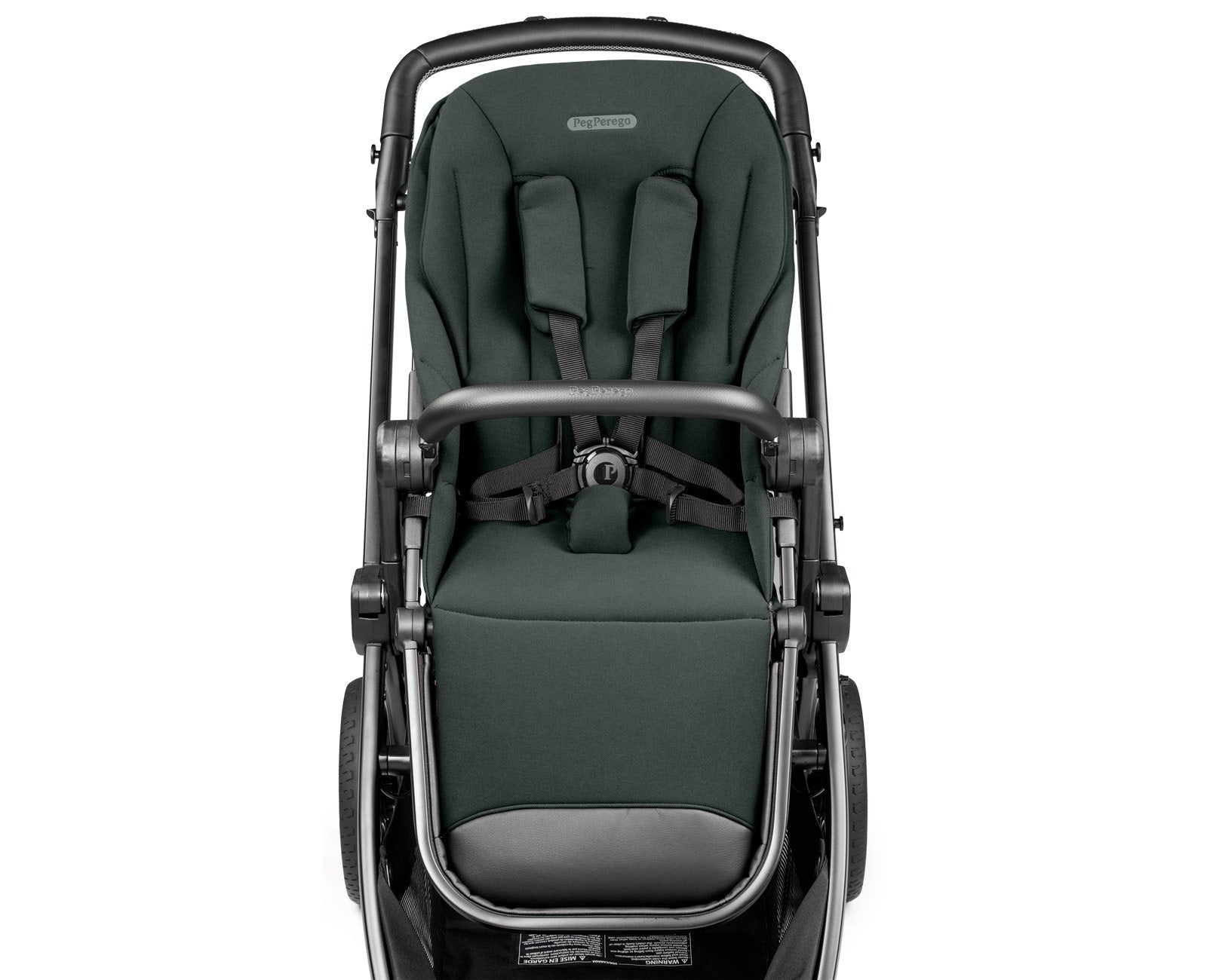 Green baby stroller with black frame on a white background