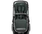 Green baby stroller with black frame on a white background