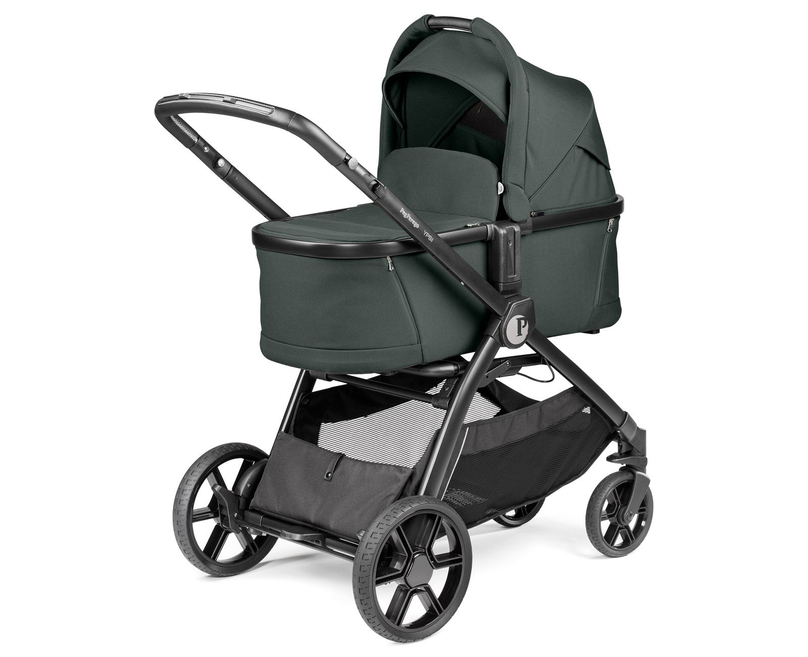Green baby stroller with black wheels on a white background