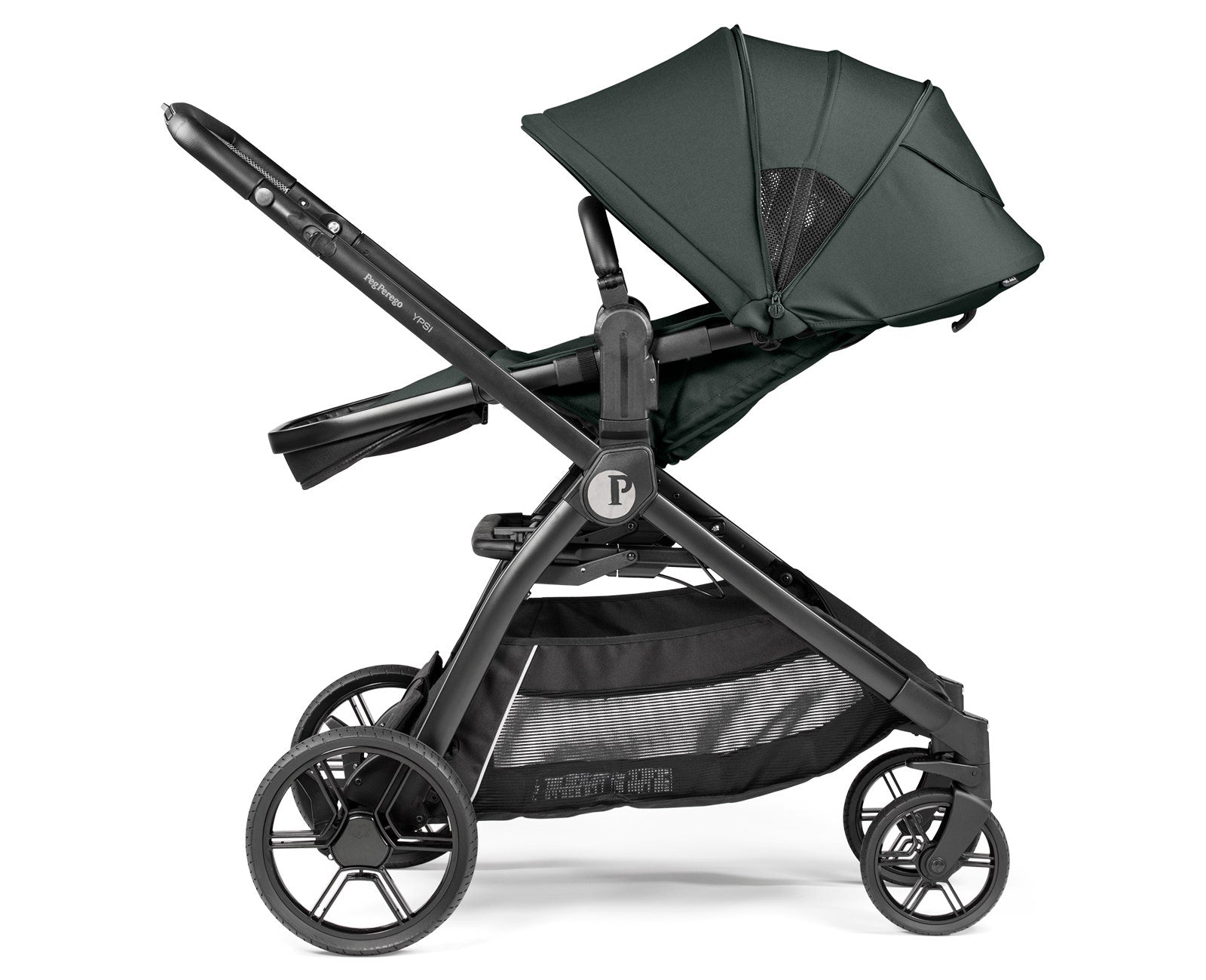 Black stroller with canopy on a white background