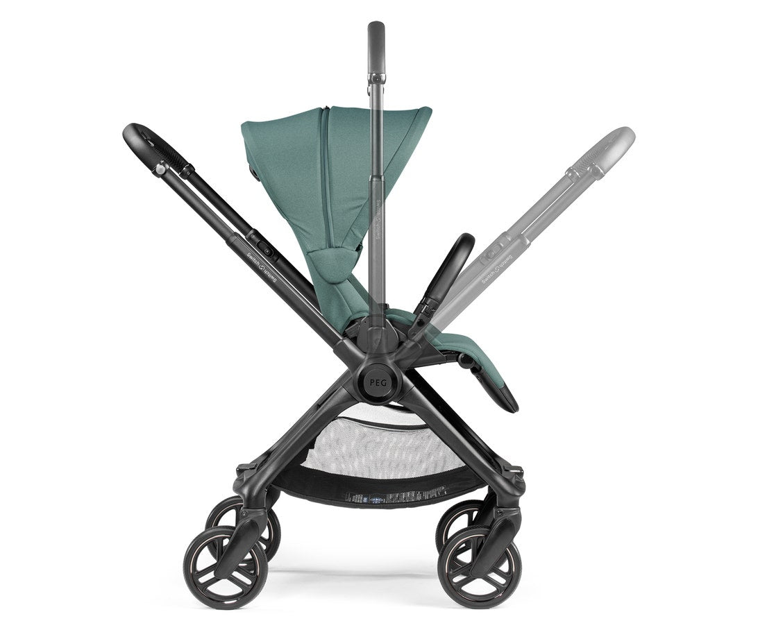Green and black stroller on a white background