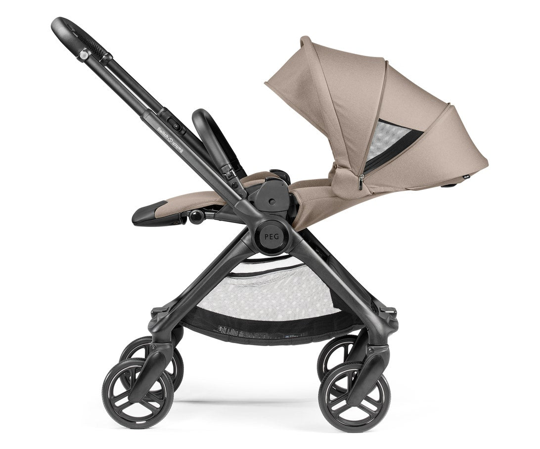 Stroller with beige canopy on a white background