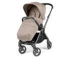 Beige baby stroller with a black frame on a white background
