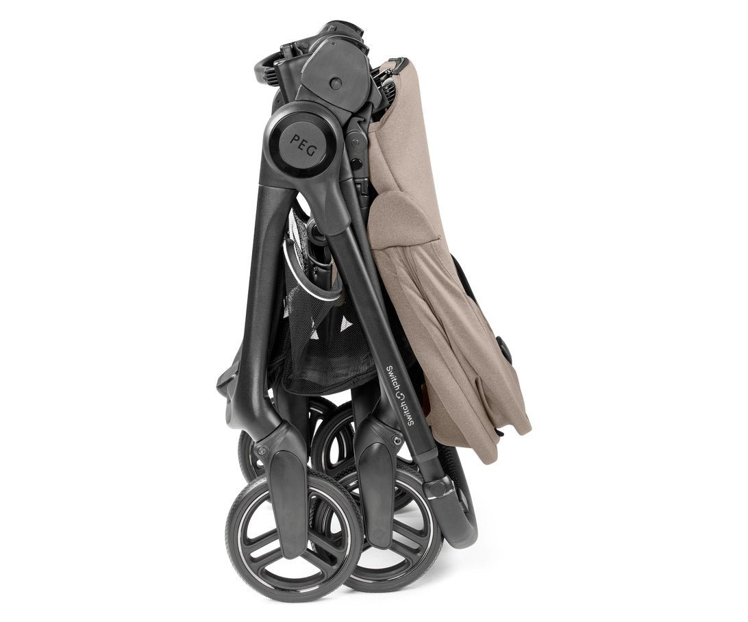 Foldable stroller with beige seat on a white background