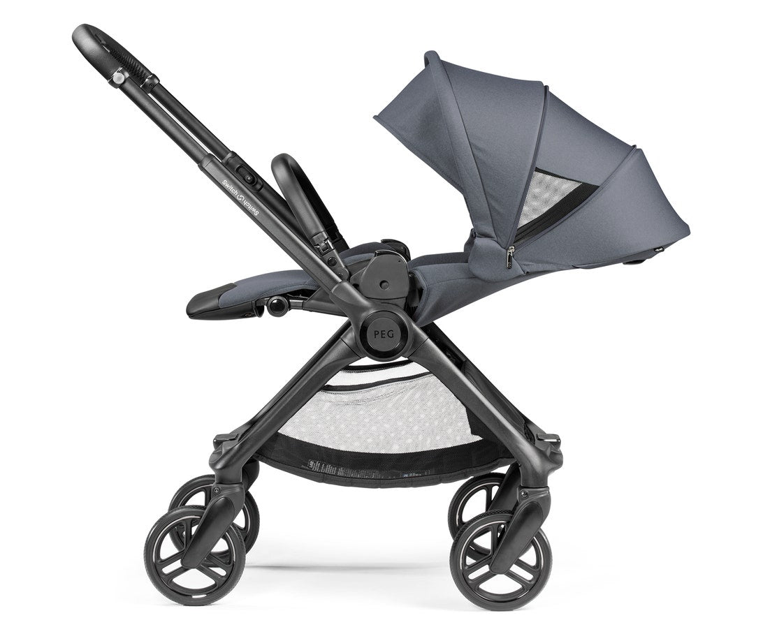 Black and gray stroller on a white background