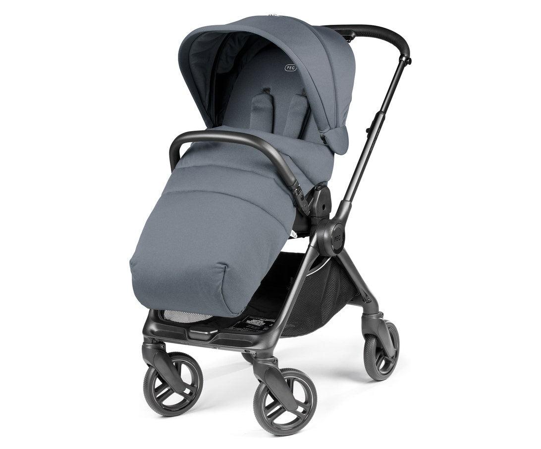 Gray stroller with a folded seat on a white background