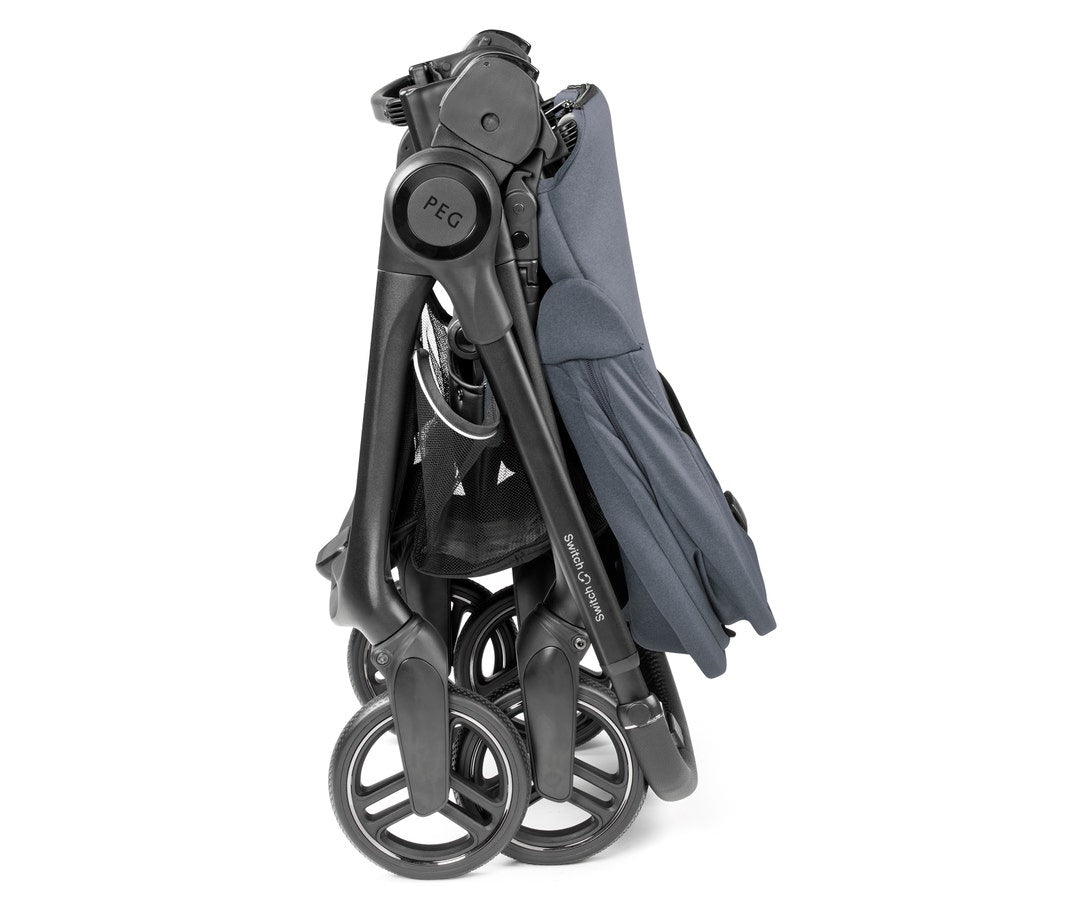 Foldable stroller with gray seat on a white background