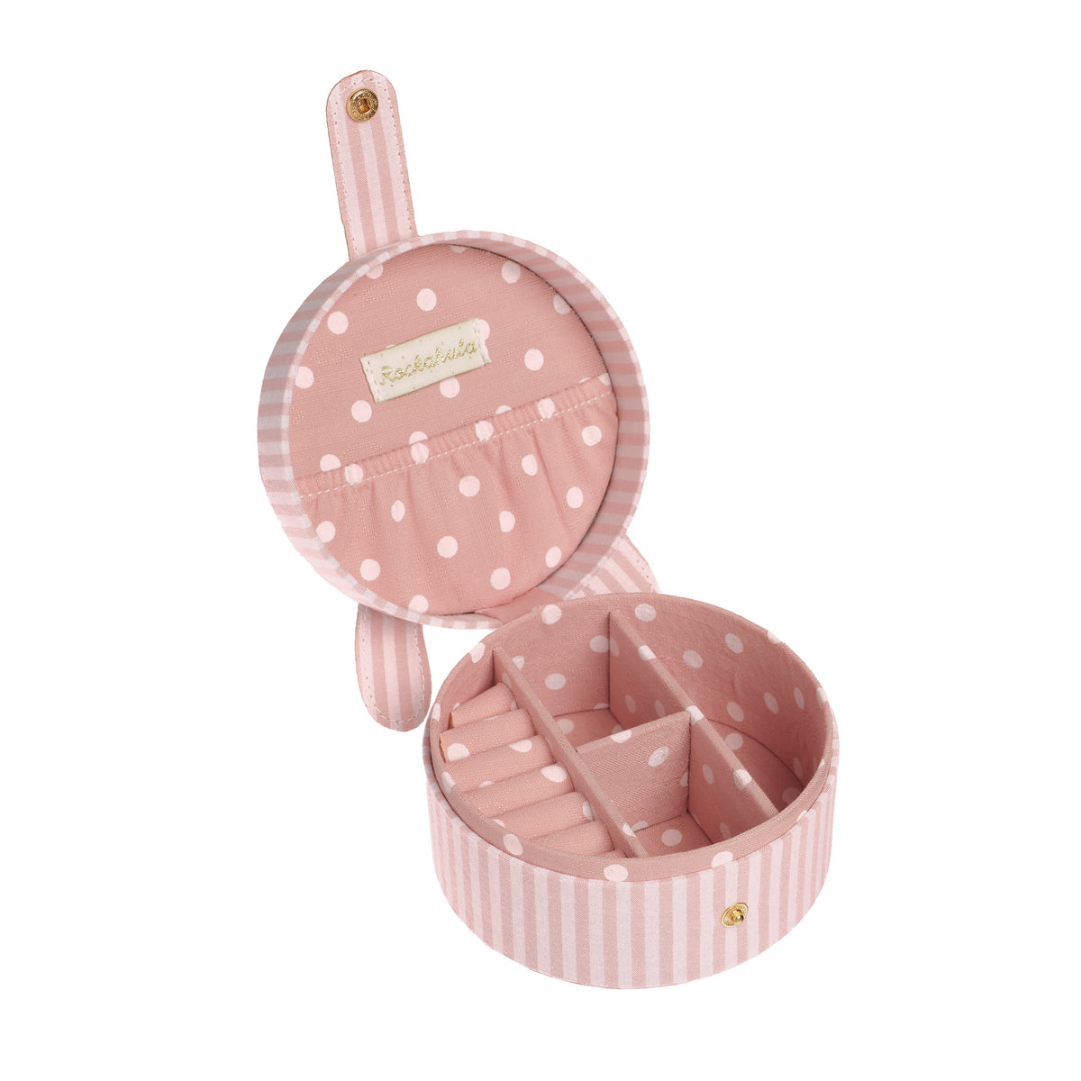 Pink polka dot jewelry box with a mirror on a white background