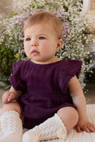 Baby in a purple dress with ruffled sleeves sitting on a floral background