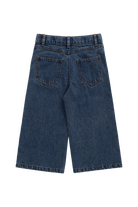 Back view of dark blue denim cropped pants with a straight leg and classic pocket design, shown on a plain white background.