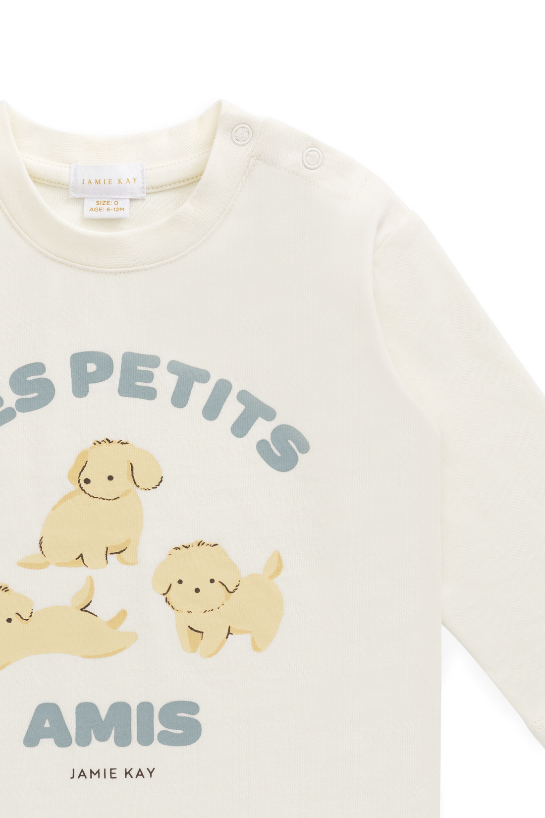Baby outfit with dog illustrations and text on a white background