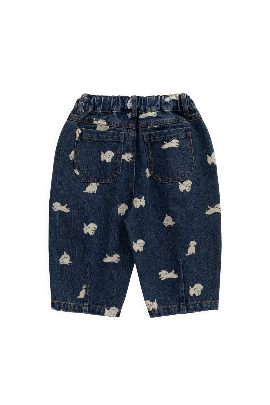 Back view of dark blue denim shorts for toddlers, featuring an all-over white embroidered bunny pattern, elastic waistband, and two back pockets.