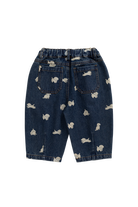 Back view of dark blue denim shorts for toddlers, featuring an all-over white embroidered bunny pattern, elastic waistband, and two back pockets.
