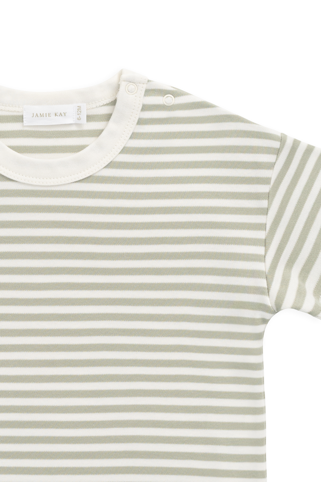Striped t-shirt with a brand label on a white background