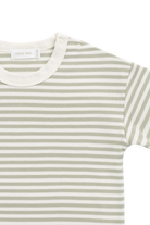 Striped t-shirt with a brand label on a white background