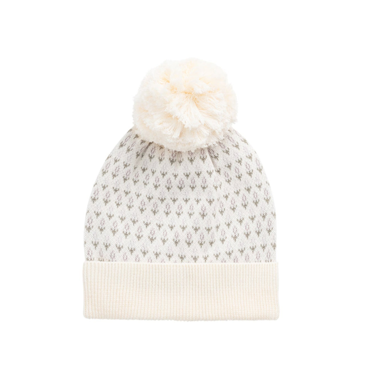 Knitted beanie with white pom-pom on a white background