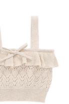 Beige knit bag with lace detailing on a white background