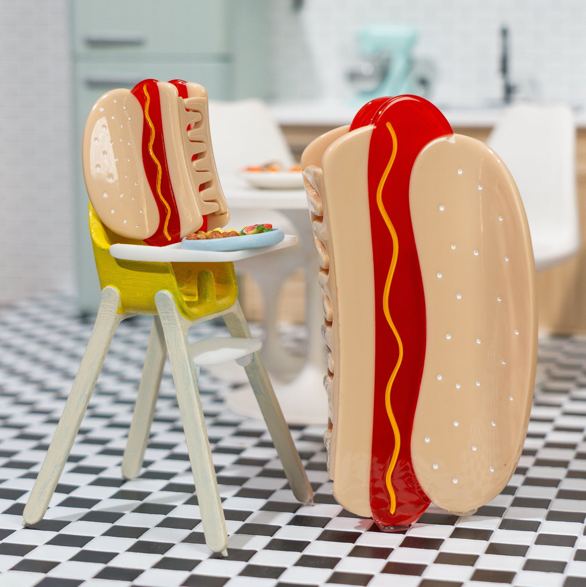 Children's chair designed like a hot dog on a checkered floor.