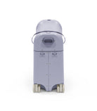 Purple robot toy on wheels with a white background