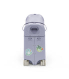 Children's purple toy with wheels and a handle on a white background