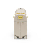 Beige and yellow trash bin on a white background
