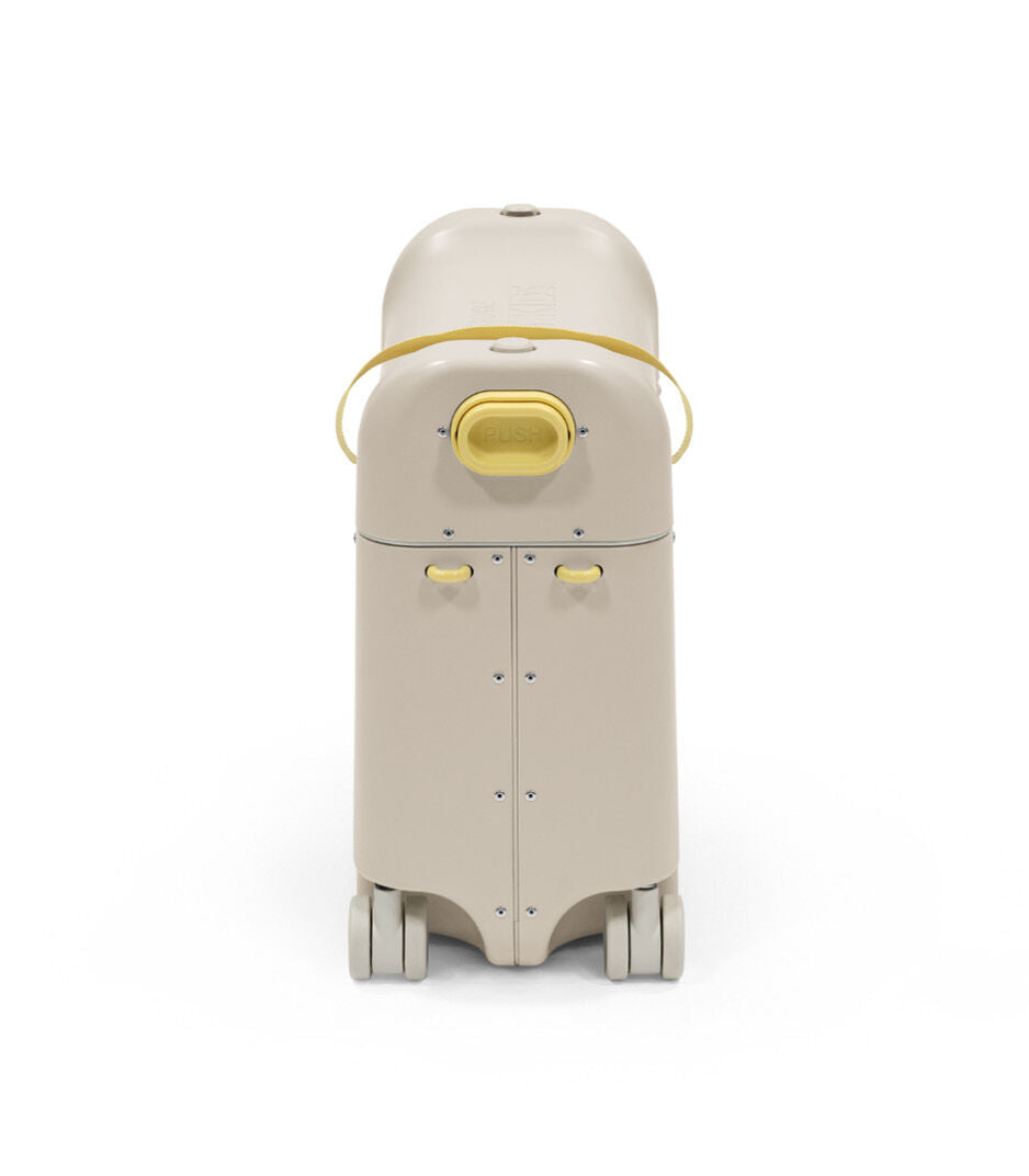 Beige and yellow trash bin on a white background