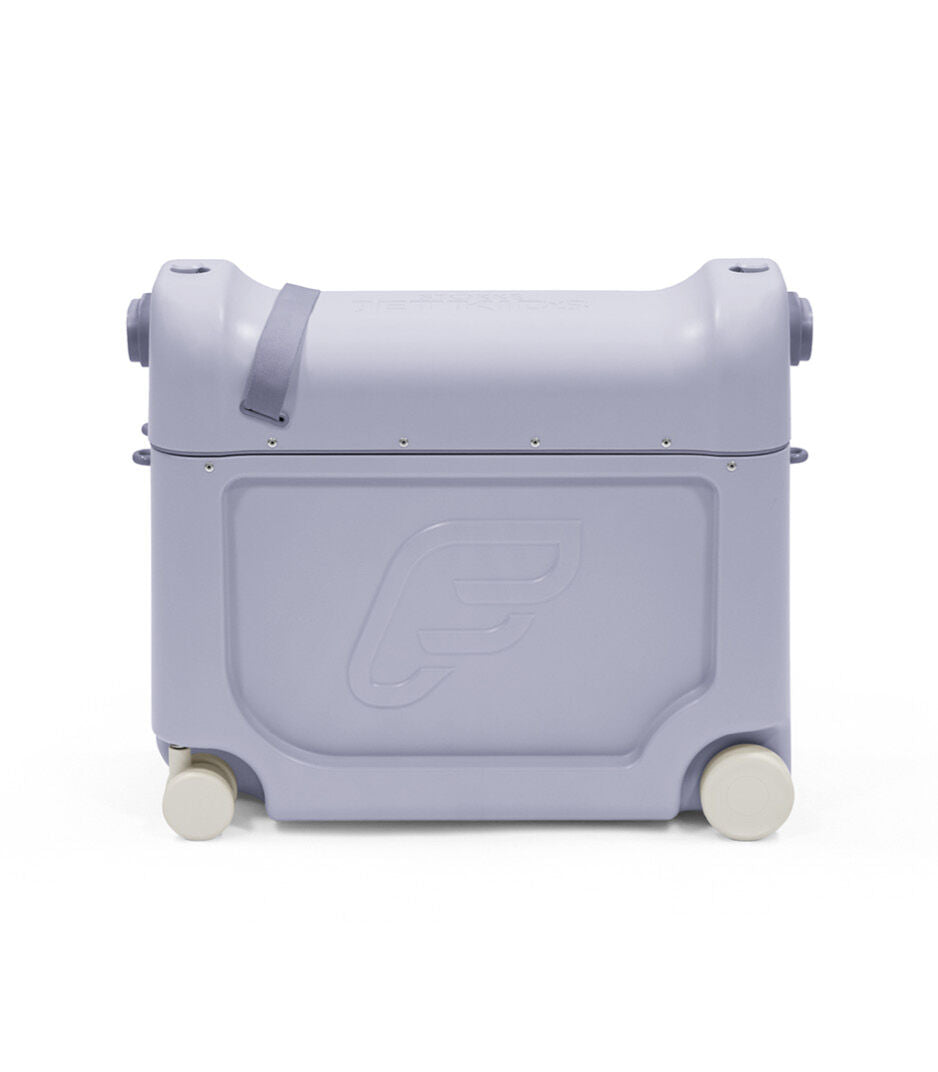 Light purple suitcase with wheels on a white background