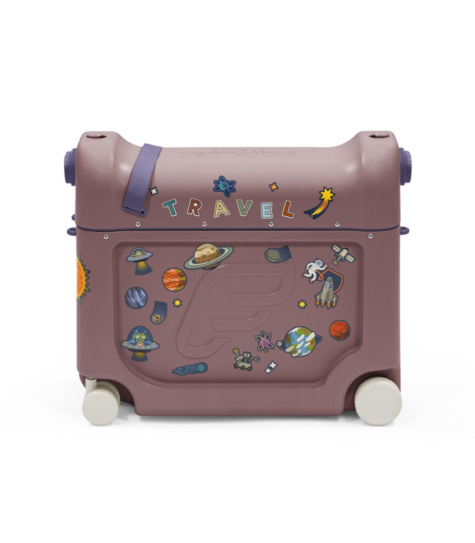 Children's suitcase with space-themed stickers on a white background