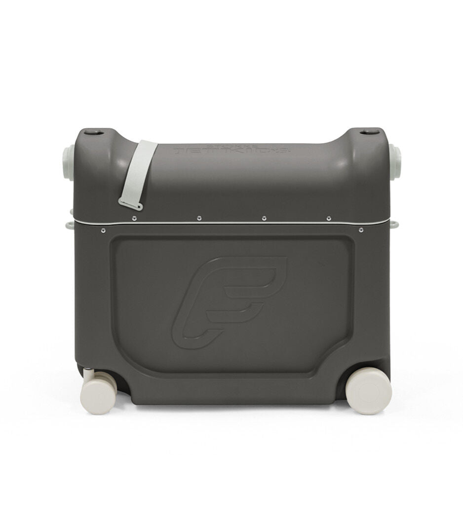 Gray suitcase with a logo on a white background